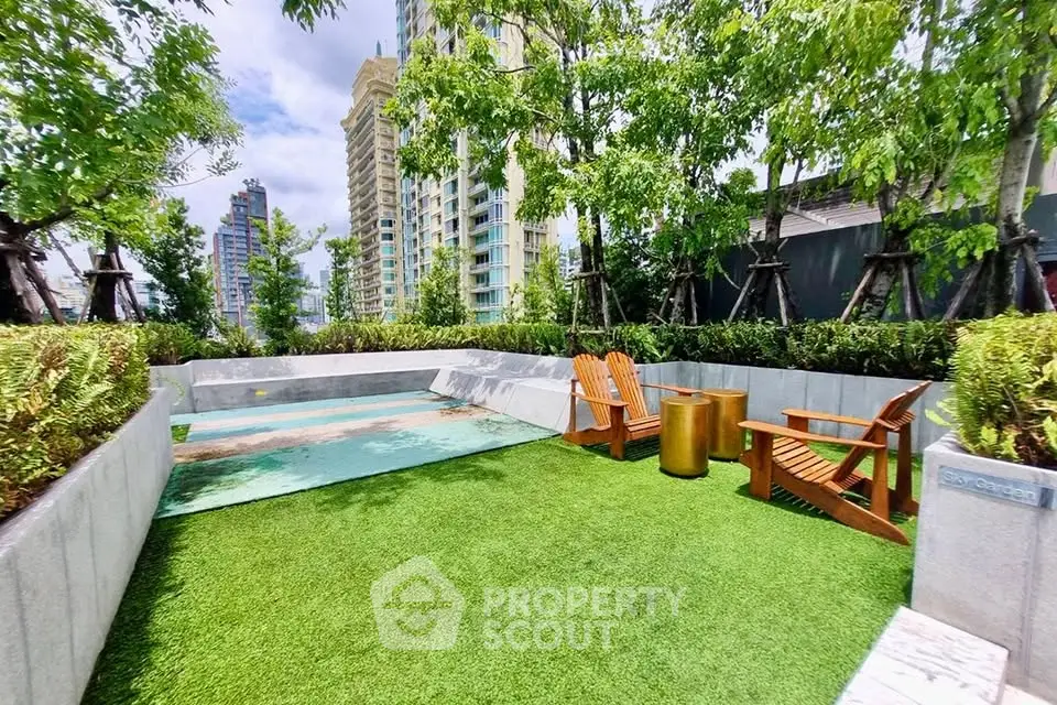 Luxurious rooftop garden with seating area and stunning city views, perfect for relaxation and entertainment.