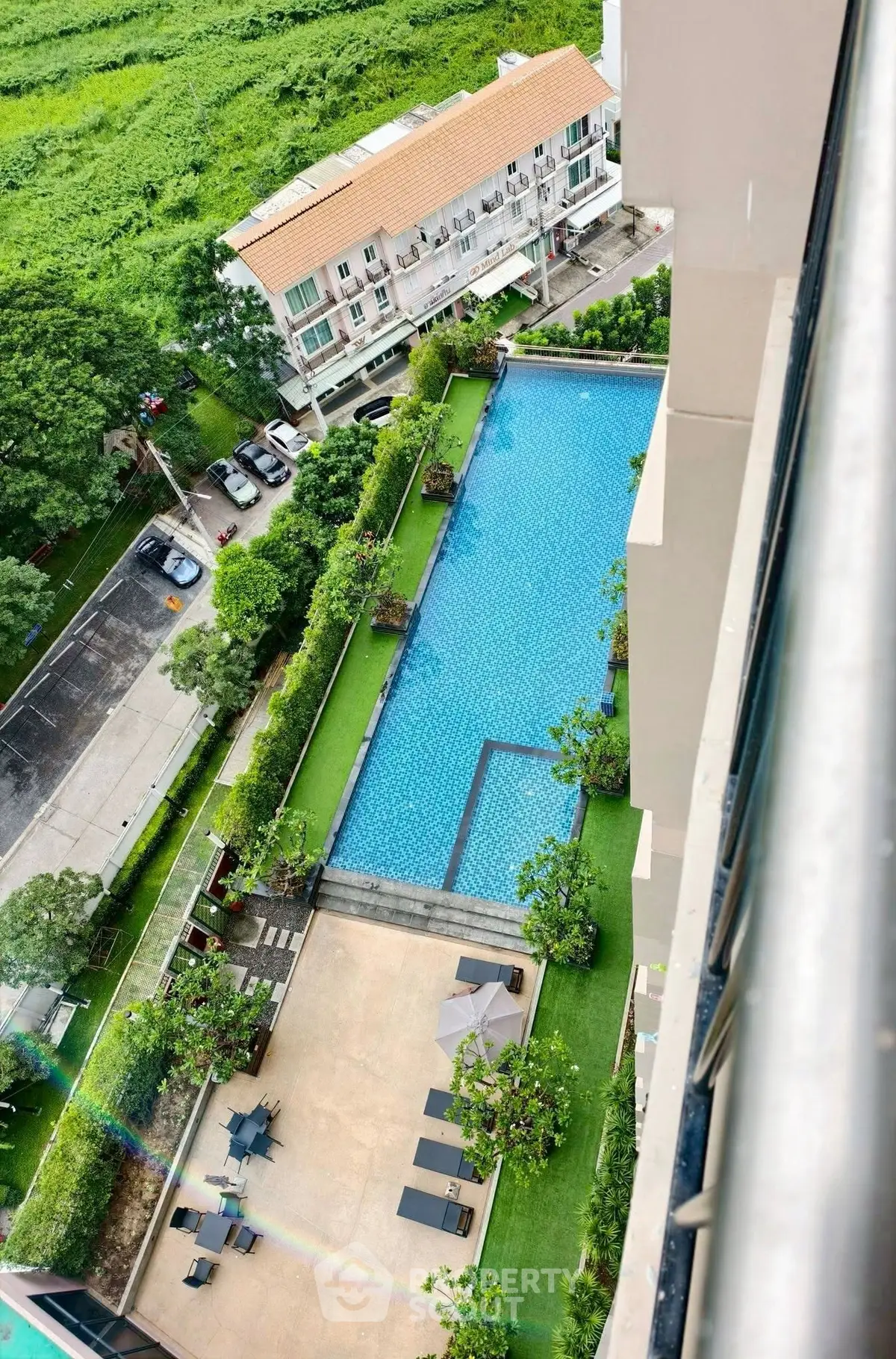 Stunning aerial view of a luxurious residential pool surrounded by lush greenery and modern architecture.