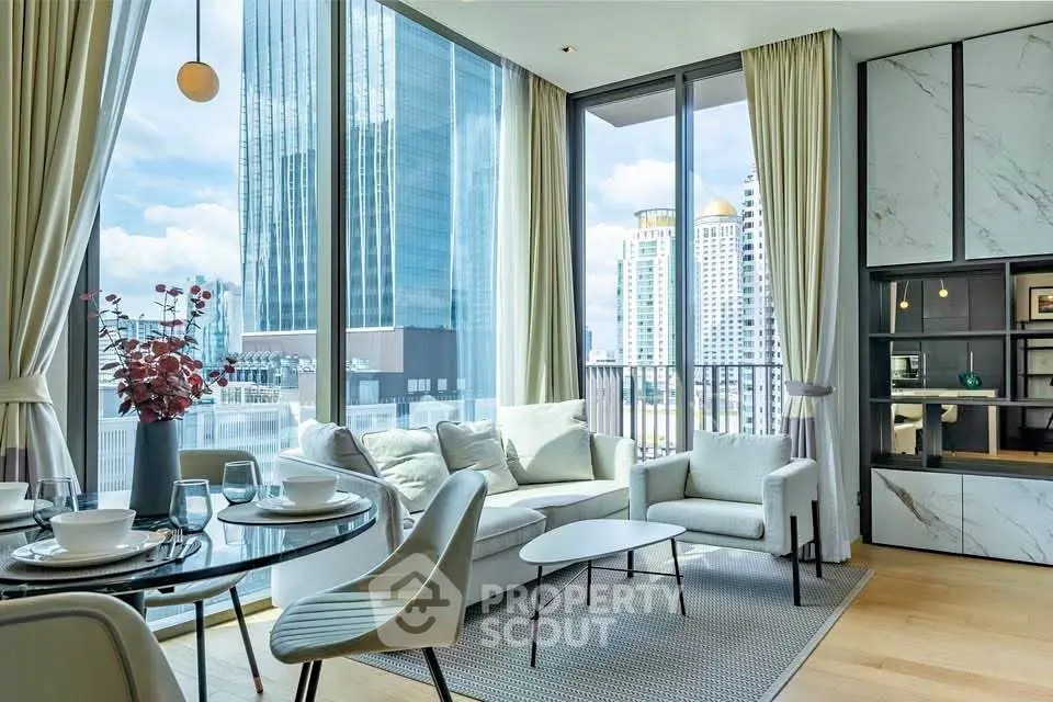 Luxurious modern living room with floor-to-ceiling windows and stunning city view