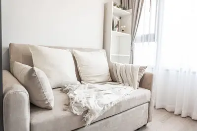 Cozy living room with beige sofa and soft natural light
