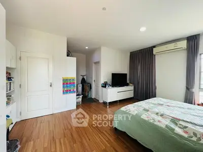 Spacious bedroom with modern decor and natural light