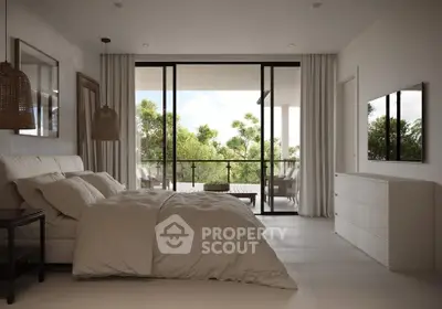 Luxurious bedroom with large windows opening to a scenic balcony view, featuring elegant decor and modern furnishings.