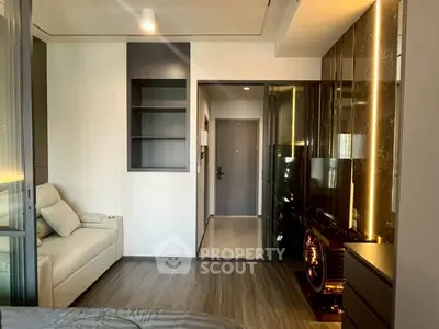 Modern living room with sleek design and cozy ambiance