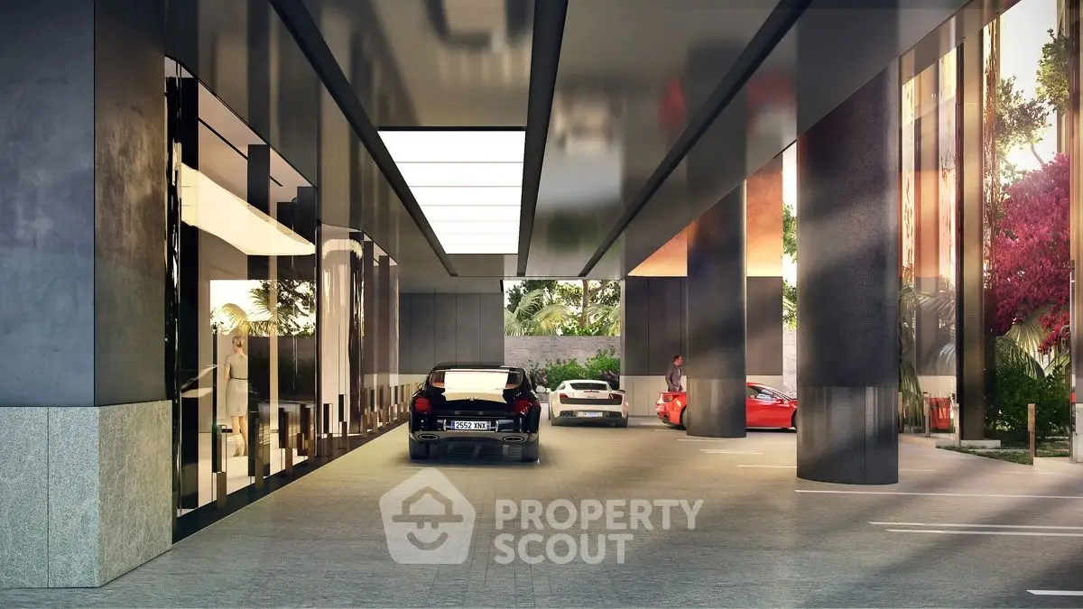 Luxurious building entrance with sleek modern design and high-end cars parked.