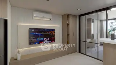 Modern living room with sleek TV setup and stylish decor
