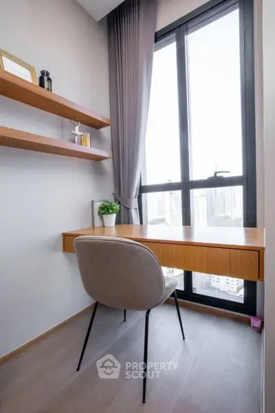 Modern study nook with city view, featuring sleek desk and chair, ideal for productivity and inspiration.