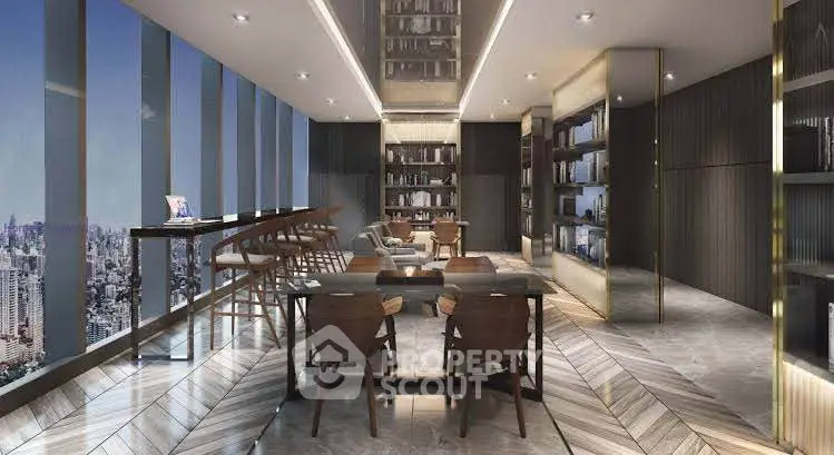 Luxurious high-rise library with panoramic city views and elegant furnishings.