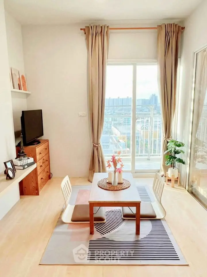 Bright living room with modern decor and city view balcony