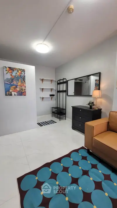 Modern living room with stylish decor and cozy seating area
