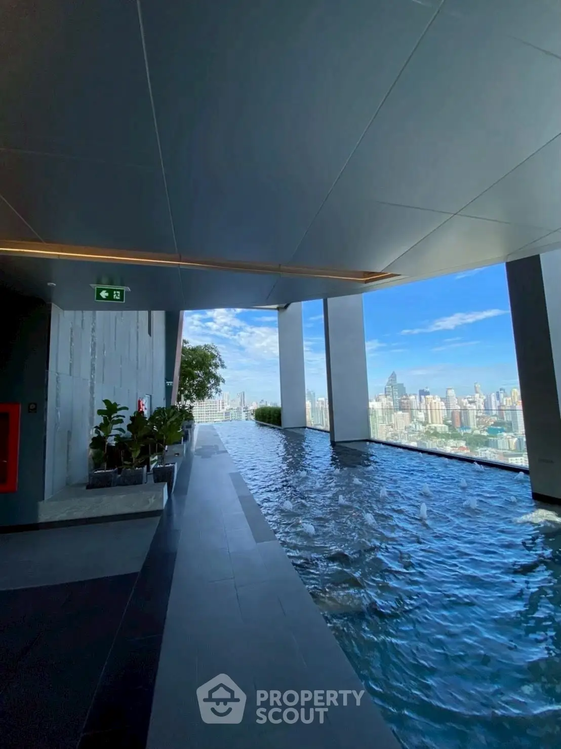 Luxurious rooftop pool with stunning city skyline view, perfect for relaxation and leisure in urban living.
