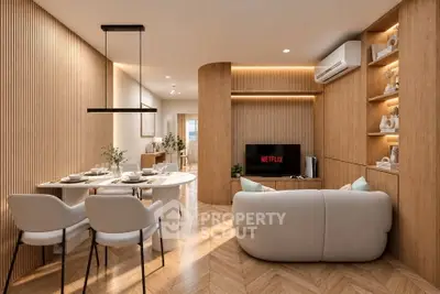 Modern living room with elegant dining area and stylish wooden accents