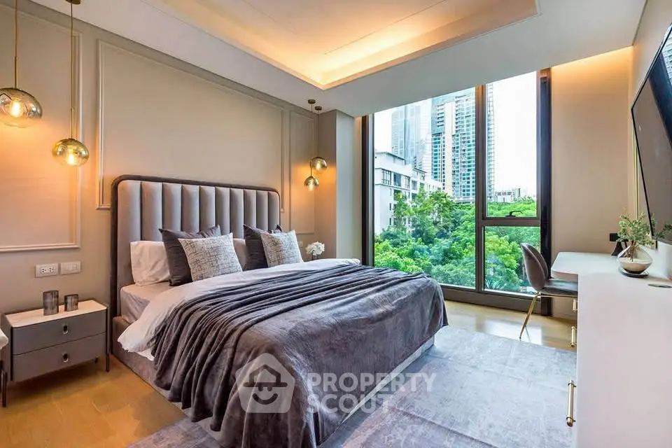 Luxurious modern bedroom with large windows and city view, featuring elegant decor and cozy ambiance.