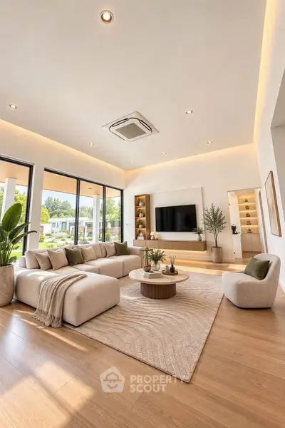 Luxurious modern living room with elegant decor and large windows offering a stunning view.