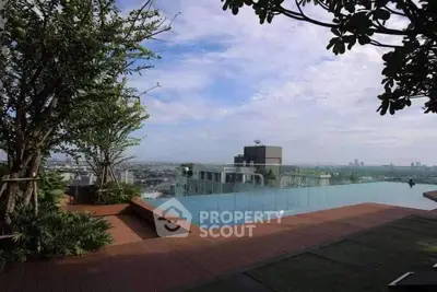 Luxurious rooftop infinity pool with stunning city skyline view, perfect for relaxation and leisure.