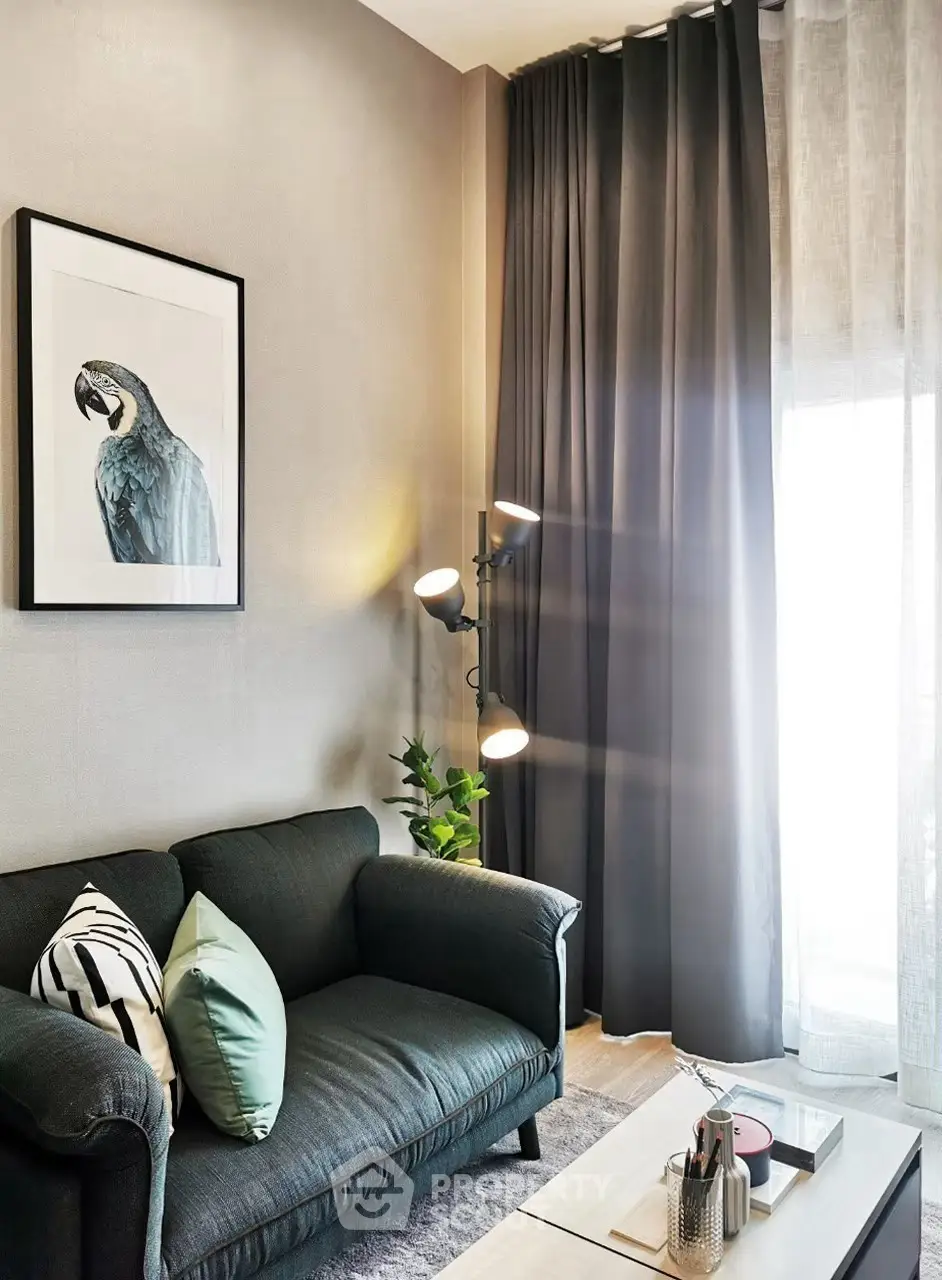 Stylish living room with modern decor and large window curtains