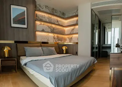 Luxurious modern bedroom with ambient lighting and elegant decor