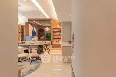 Luxurious modern living room with elegant decor and ambient lighting