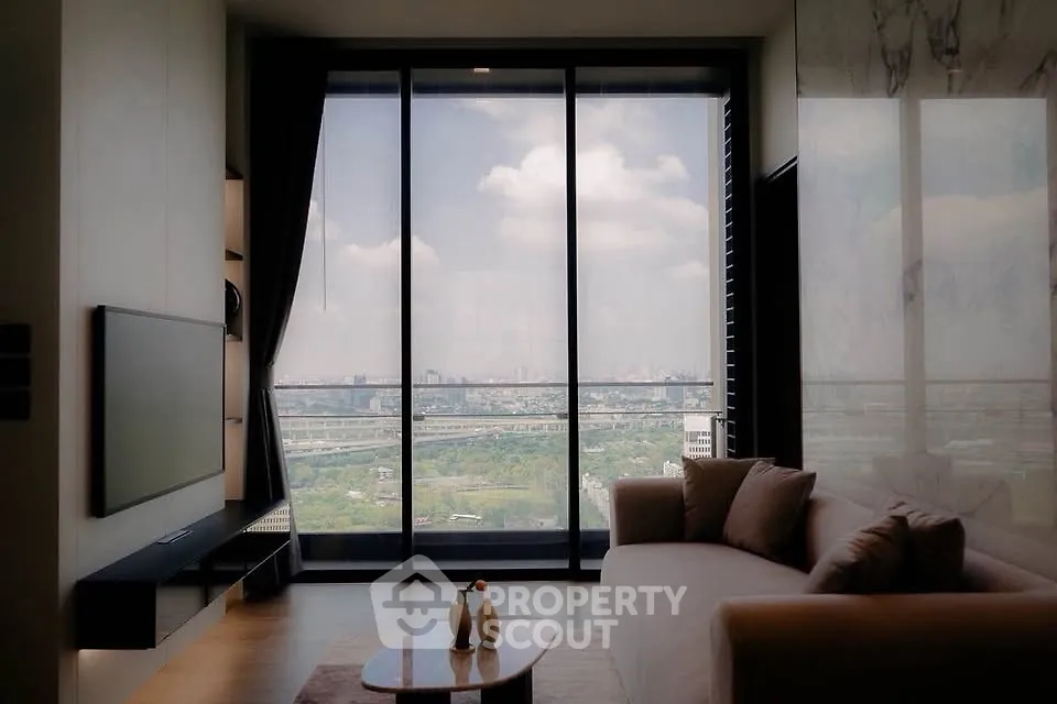 Luxurious living room with panoramic city view and modern decor