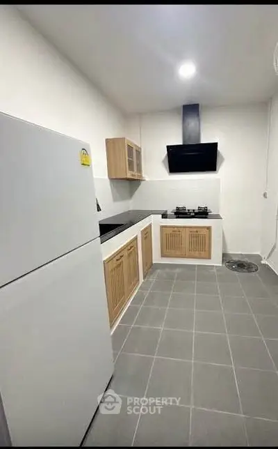 Modern kitchen with gas stove and spacious fridge in sleek design