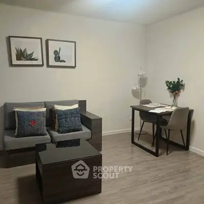Cozy living room with modern sofa and stylish desk setup