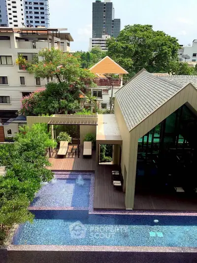 Luxurious urban poolside view with modern architecture and lush greenery