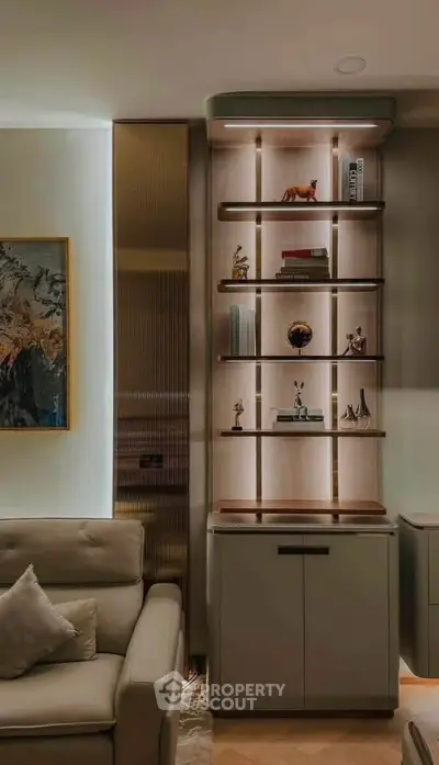 Elegant living room with modern shelving and cozy sofa, perfect for stylish urban living.