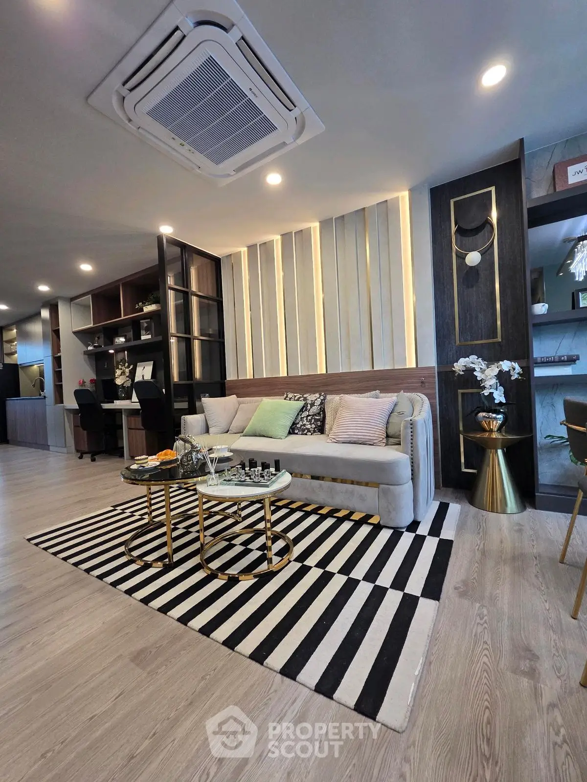 Modern living room with stylish decor and cozy seating area