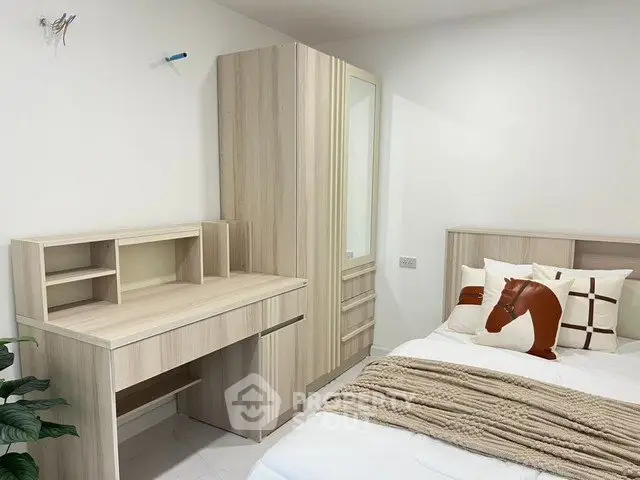 Cozy bedroom with modern wooden furniture and stylish decor