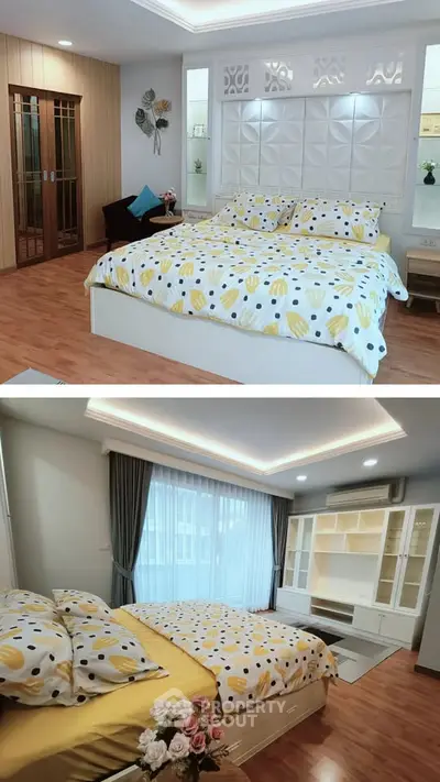 Spacious and modern bedroom with stylish decor and ample natural light.