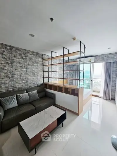 Modern living room with stylish partition and city view