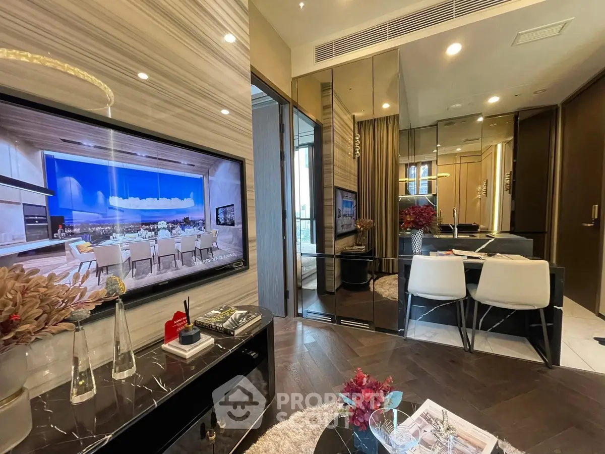 Luxurious modern living room with sleek decor and large TV screen