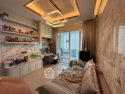 Luxurious living room with modern decor and balcony access