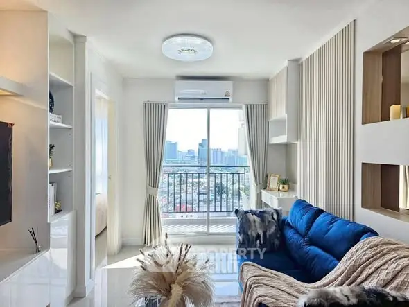 Modern living room with city view and stylish decor