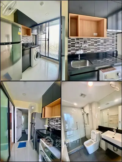 Modern apartment interior with sleek kitchen and bathroom design, featuring stainless steel appliances and stylish finishes.