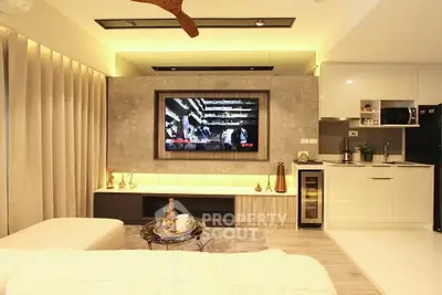 Luxurious modern living room with open kitchen and stylish decor