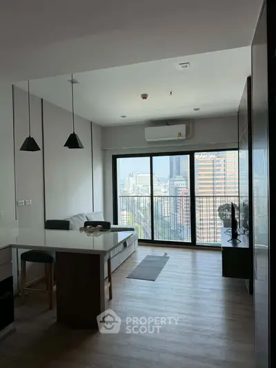 Modern living room with city view and sleek interior design