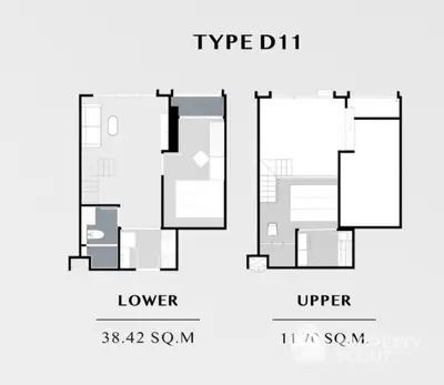 Modern duplex apartment floor plan with lower and upper levels, featuring efficient layout and spacious design.