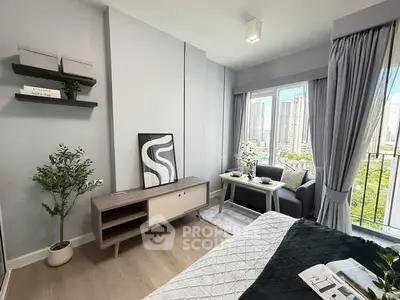 Modern bedroom with city view, stylish decor, and natural light.