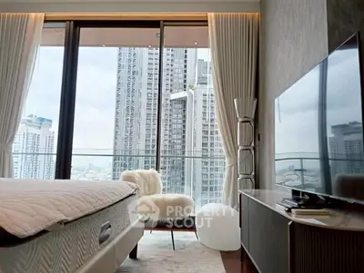 Luxurious bedroom with stunning city view and modern decor
