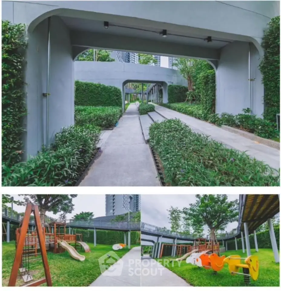 Modern residential complex with lush garden and children's playground, perfect for family living.