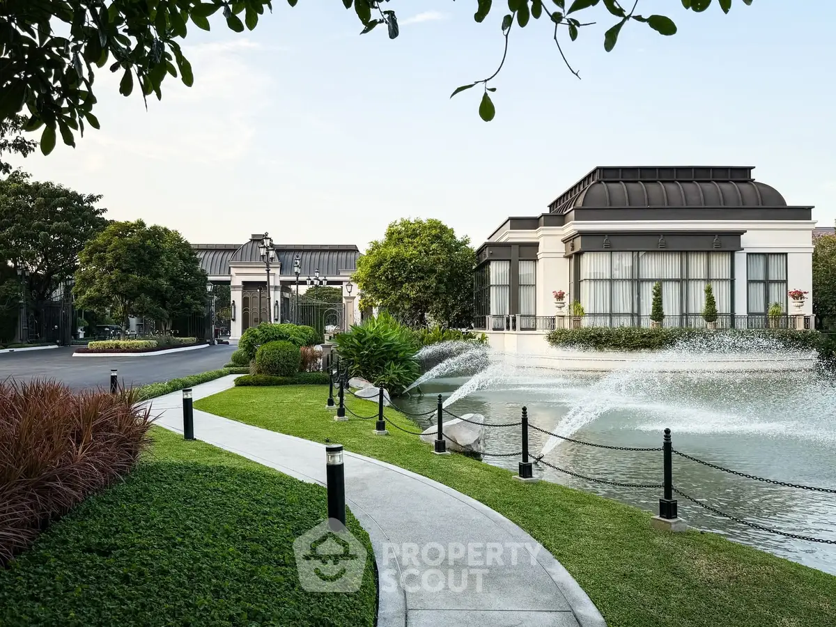 Luxurious estate with elegant architecture and serene water features