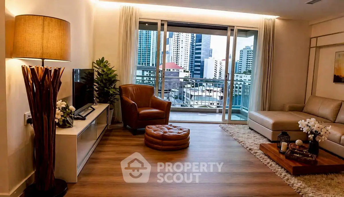 Spacious modern living room with city view balcony, elegant decor, and cozy seating area.
