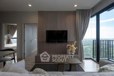 Modern living room with stunning city view and elegant decor