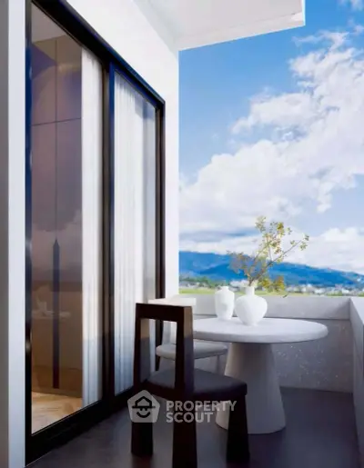 Chic balcony with stunning mountain view and modern furniture