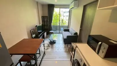 Modern living room with balcony view in stylish apartment