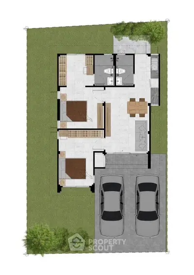 Modern house floor plan with two bedrooms, spacious living area, and double garage.