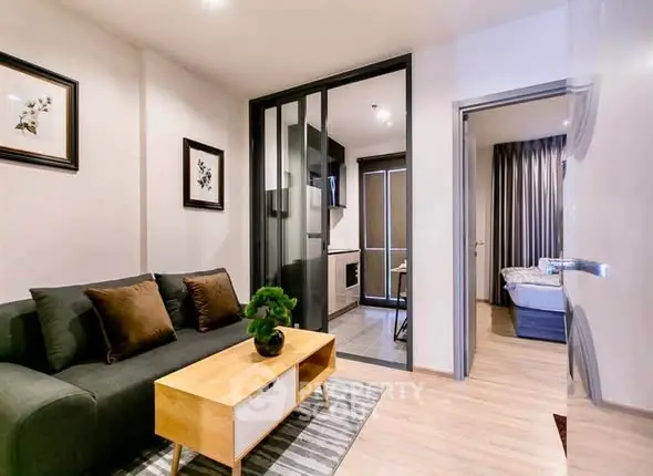 Modern apartment interior with cozy living room and stylish kitchen