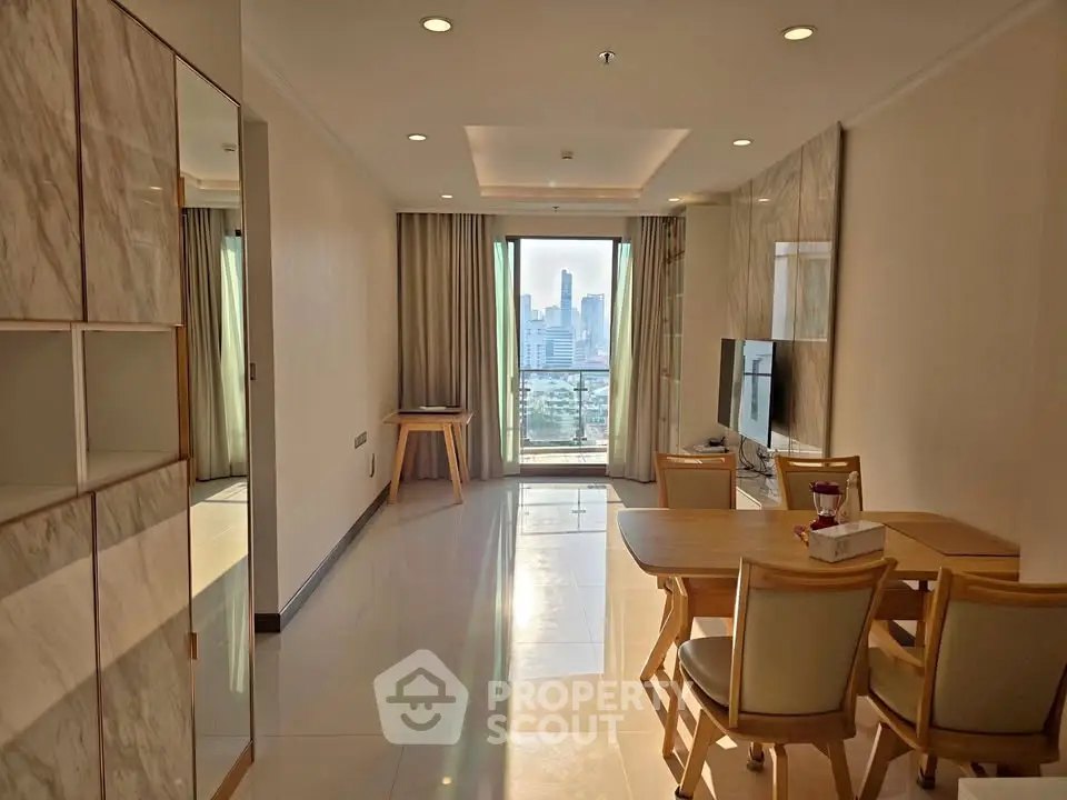 Modern living room with city view, elegant furniture, and natural light.