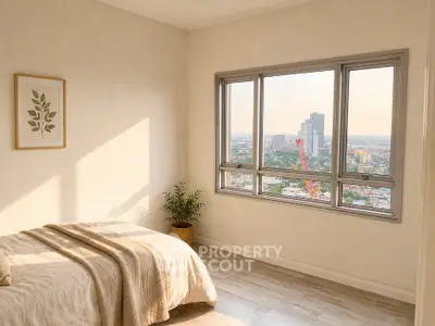 Bright bedroom with large window offering stunning city view, cozy decor, and natural light.