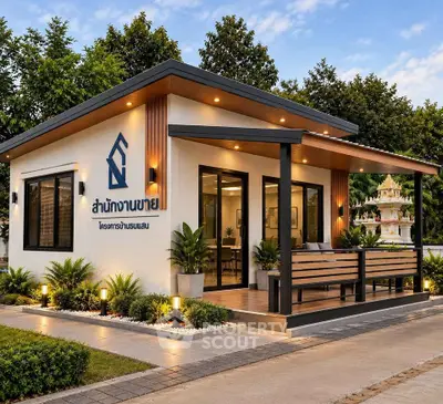 Modern single-story house with sleek design and spacious porch, surrounded by lush greenery.